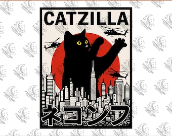 Catzilla Funny Cat Attack PNG | Retro Japanese Style Cat Lover Digital Download | Instant High-Quality PNG for Sublimation