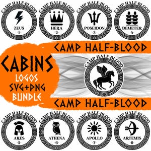 Halvblodsläger SVG- och PNG-paket | 13 olympiska stuglogotyper | Digital nedladdning av Percy Jackson | Design för grekisk mytologi för sublimering