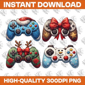 May include: Digital download of four festive game controllers. Each controller has a unique Christmas design, including a Santa hat, a red bow, reindeer antlers, and a snowman. The image includes the text "INSTANT DOWNLOAD" and "HIGH-QUALITY 300DPI PNG".