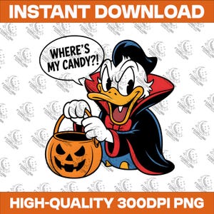 Op de afbeelding: Een digitale Halloween-afbeelding met een striptekening van een eend in een vampierkostuum, met een oranje pompoenemmer. De eend heeft een tekstballon met de tekst: "WHERE'S MY CANDY?!" De afbeelding is gelabeld met "INSTANT DOWNLOAD" en "HIGH-QUALITY 300DPI PNG".