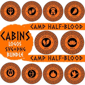 Puede incluir: Diez logotipos circulares naranja y negro con nombres y símbolos de dioses griegos. Los logotipos son para las cabañas del Campamento Mestizo. El texto "Campamento Mestizo" aparece dos veces en la imagen.
