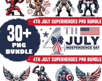 Paquete PNG de superhéroes del 4 de julio / Más de 30 descargas digitales del Día de la Independencia Patriótica / Superhéroes de la bandera de EE. UU. PNG / Sublimación de imágenes prediseñadas de los Vengadores