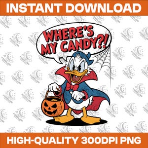 Op de afbeelding: Digitale illustratie van Donald Duck verkleed als vampier, met een pompoenemmer. Een tekstballon erboven zegt: "WHERE'S MY CANDY?!" De afbeelding heeft een Halloween-thema en bevat een spinnenweb.