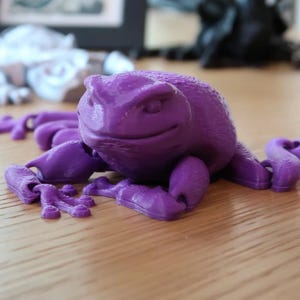 May include: A purple 3D printed frog figurine with articulated limbs. The frog has a detailed face with a wide smile and large eyes.