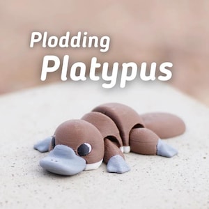 Puede incluir: Un juguete de platypus impreso en 3D de color marrón y gris con el texto "Ploddig Platypus" encima.