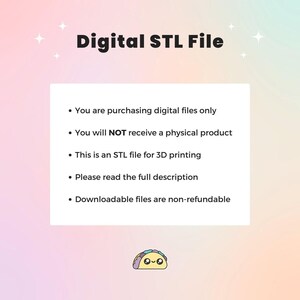 Puede incluir: Anuncio de archivo STL digital sobre un fondo pastel. El texto dice "Digital STL File" y detalla los archivos digitales, incluyendo que son para impresi&oacute;n 3D y no son reembolsables. Un taco de dibujos animados est&aacute; en la parte inferior.