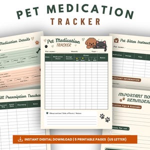 Printbare medicatie-tracker voor huisdieren, medicijnlogboek voor honden en katten, gezondheidsdossier voor huisdieren (PDF)