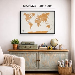 Large Framed Cork World Map with push pins| Travel Pin Board with Country Flags
