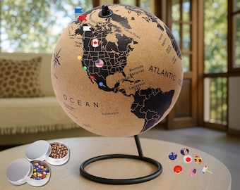 Cork World Globe: Push Pin Travel Map with Metallic and Colored Push Pins