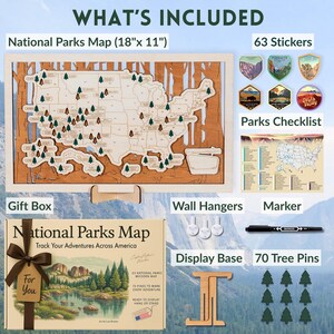 Puede incluir: Un mapa de madera de Parques Nacionales (45,7 cm x 28 cm) con 70 pines de &aacute;rbol, 63 pegatinas, una lista de verificaci&oacute;n de parques, una base de exhibici&oacute;n, colgadores de pared y un marcador. El mapa est&aacute; en una caja de regalo.