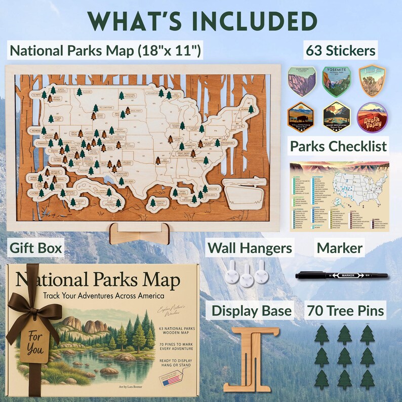 Puede incluir: Un mapa de madera de Parques Nacionales (45,7 cm x 28 cm) con 70 pines de &aacute;rbol, 63 pegatinas, una lista de verificaci&oacute;n de parques, una base de exhibici&oacute;n, colgadores de pared y un marcador. El mapa est&aacute; en una caja de regalo.