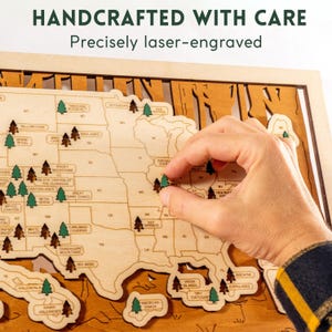Puede incluir: Un mapa de madera grabado con l&aacute;ser de los Estados Unidos con nombres de estados y etiquetas de parques nacionales. El mapa incluye marcadores verdes en forma de &aacute;rbol. El texto "HANDCRAFTED WITH CARE" y "Precisely laser-engraved" est&aacute;n en la parte superior.