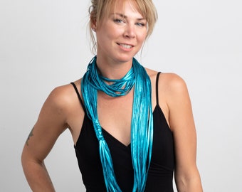 Metallic Turquoise Blue Skinny Scarf for Women, Statement Necklace for Women, Chunky Necklace, Gifts for Her, Circle Infinity Scarf