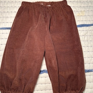 May include: Brown corduroy pants featuring a textured ribbed fabric, an elasticized waistband for a secure fit, and gathered elastic cuffs at the bottom of each leg. The garment has a straight-leg silhouette with a consistent solid brown color.
