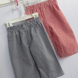 May include: Two pairs of checkered shorts, one in red and white and one in blue and white, hanging on a white hanger.