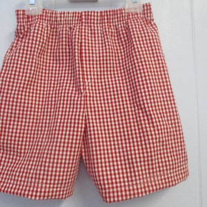 May include: Red and white gingham shorts with an elastic waistband. The shorts are made of a lightweight fabric and are designed for casual wear. The classic check pattern is a timeless design.