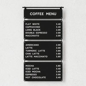 Hängendes Ladenschild, kundenspezifische Preisliste für Café, an der Wand befestigtes Restaurant-Menübrett, doppelseitige Metallblattbeschilderung, Werbeschildbrett