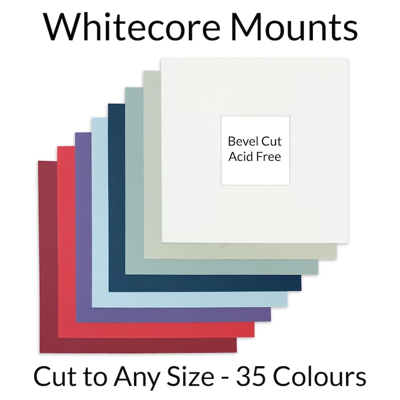 May include: A stack of 10 whitecore mounts in various colors, including red, blue, green, and purple. The mounts are acid-free and have a bevel cut. The text "Bevel Cut Acid Free" is visible on the top mount. The text "Cut to Any Size - 35 Colours" is visible at the bottom of the image.
