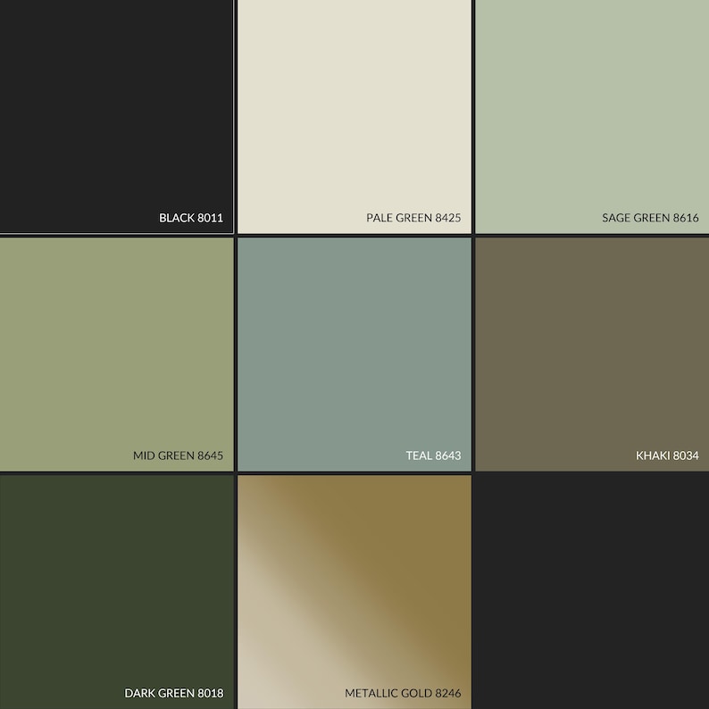 May include: A color chart with nine different paint colors. The colors are: black, pale green, sage green, mid green, teal, khaki, dark green, metallic gold, and black. Each color is labeled with its name and a corresponding number.