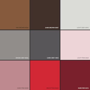 May include: A color chart with nine different shades of brown, gray, pink, and red. Each color is labeled with its name and a corresponding number code.
