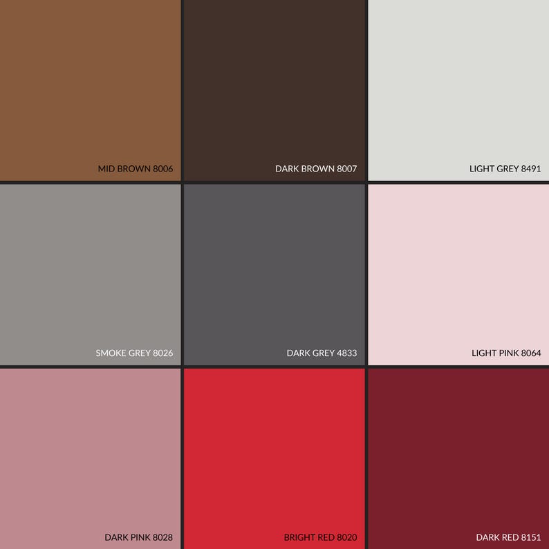 May include: A color chart with nine different shades of brown, gray, pink, and red. Each color is labeled with its name and a corresponding number code.
