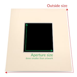 May include: A cream-colored mat with a black rectangular opening. The mat has text that reads "Aperture size 6mm smaller than artwork".