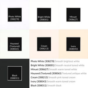 May include: A color chart showing ten different shades of white and black paint. The colors are labeled with their names and corresponding product codes. The names include Photo White, Bright White, Minuet, Hayseed (Textured), Cream, Ivory, and Black.