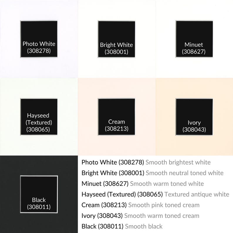 May include: A color chart showing ten different shades of white and black paint. The colors are labeled with their names and corresponding product codes. The names include Photo White, Bright White, Minuet, Hayseed (Textured), Cream, Ivory, and Black.