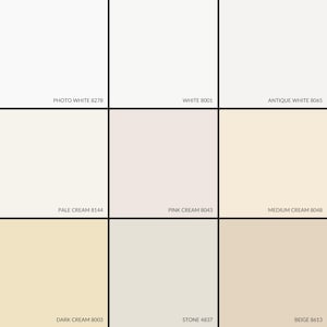 May include: A color chart showing nine different shades of white and cream paint colors. The colors are arranged in a 3x3 grid. The top row shows Photo White 8278, White 8001, and Antique White 8065. The middle row shows Pale Cream 8144, Pink Cream 8043, and Medium Cream 8048. The bottom row shows Dark Cream 8003, Stone 4837, and Beige 8613.