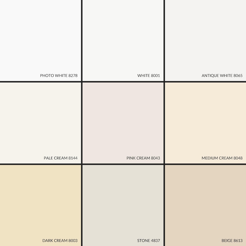 May include: A color chart showing nine different shades of white and cream paint colors. The colors are arranged in a 3x3 grid. The top row shows Photo White 8278, White 8001, and Antique White 8065. The middle row shows Pale Cream 8144, Pink Cream 8043, and Medium Cream 8048. The bottom row shows Dark Cream 8003, Stone 4837, and Beige 8613.