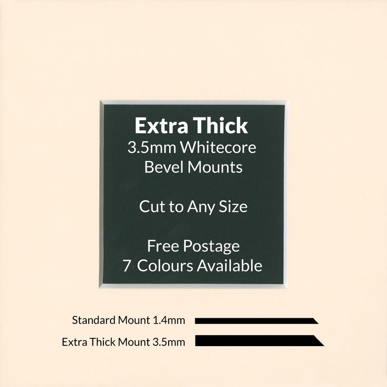 May include: Extra thick 3.5mm whitecore bevel mounts, cut to any size. Free postage. 7 colors available.  Standard mount 1.4mm and extra thick mount 3.5mm are shown.