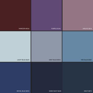 May include: A color chart with nine different shades of blue, purple, and red. The colors are labeled with their names and corresponding numbers. The colors are arranged in a 3x3 grid.