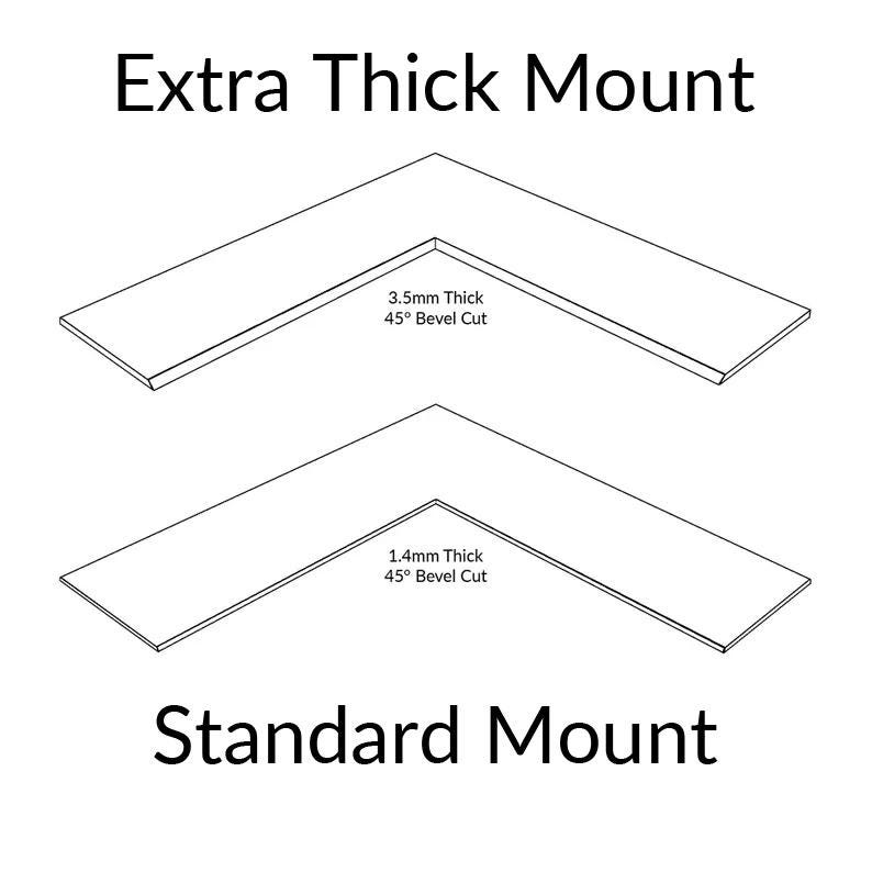 May include: Line drawing illustration showing two different mounting options for a shelf. The top option is labeled "Extra Thick Mount" with a 3.5mm thick shelf and a 45 degree bevel cut. The bottom option is labeled "Standard Mount" with a 1.4mm thick shelf and a 45 degree bevel cut.