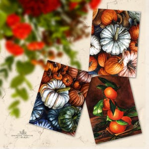 Gemütliche Herbstpostkarten | Aquarellkürbisse und Mandarinen | Warme Stillleben-Illustrationen | Gedrucktes A6-Format