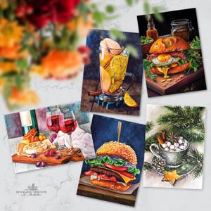 Postkarten mit Gourmet-Essen und -Getränken | Kunstillustrationen mit Aquarell und Buntstift | Burger, Wein, Kakao, Käse | Gedrucktes A6-Format