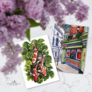 Cartolina con natura acquerellata| Stagno di koi e illustrazione di strada vintage | Arte botanica primaverile | Colori verdi freschi | Formato A6 stampato