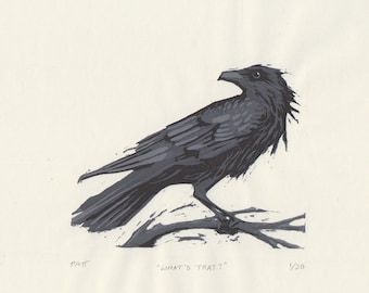 Raven Linocut - "What was that?"