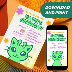 Invitation d'anniversaire de chat extraterrestre | Invitation petite fille ou garçon | Thème Espace + Galaxie | Modèle modifiable, téléchargement numérique, imprimable