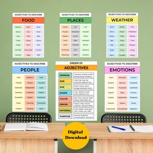 Adjective Posters for English Learning - Educational Printable Wall Art, ESL Classroom Decor, Digital Downloads, Vocabulary Builder PDF