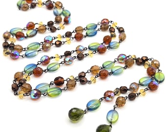 Vintage Long Glass Beaded Lariat Necklace Amber Green Blue AB Iridescent 48 Inch