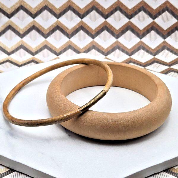 Pair of Vintage Wooden Bracelets Wide Bangle and Thin Bangle with Brass Accent