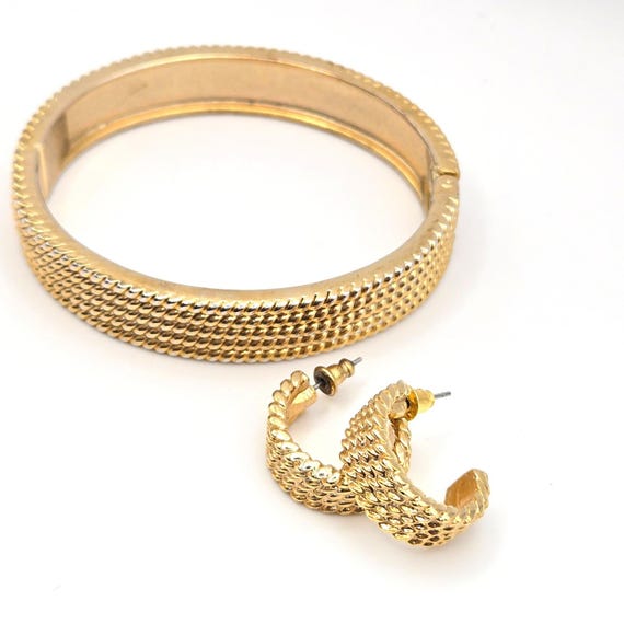 Gold Tone Twisted Rope Hinged Bangle Bracelet and… - image 2