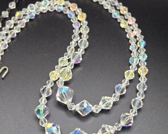 Collier Vintage Années 50 - 2 Rangs En Perles De Verre Facettées Irisées - Ancien