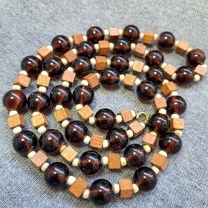 Vintage Brown Acrylic Beads Wooden Cubes and Cream Colored Spacers 30" Necklace