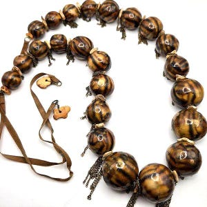 Vintage Decoupage Bead Necklace Chain Accents Ribbon Tie Tortoise Shell Pattern