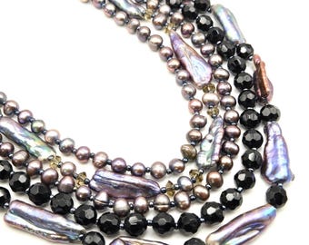 Five-Strand Baroque Pearl Black Onyx Smokey Quartz Statement Necklace Iridescent