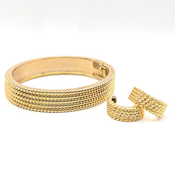 Gold Tone Twisted Rope Hinged Bangle Bracelet and… - image 1