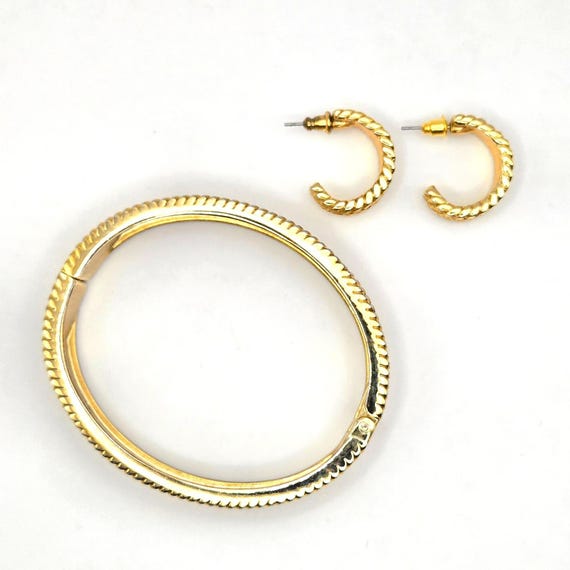 Gold Tone Twisted Rope Hinged Bangle Bracelet and… - image 3