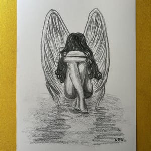 Girl with Angel Wings Pencil Drawing Print Wall Decor
