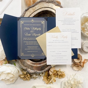 Navy Pocket Folder Frosted Acrylic Wedding Invitations | Art Deco Wedding Invitation | Clear Wedding Invitation - Style 400 - Option 3a